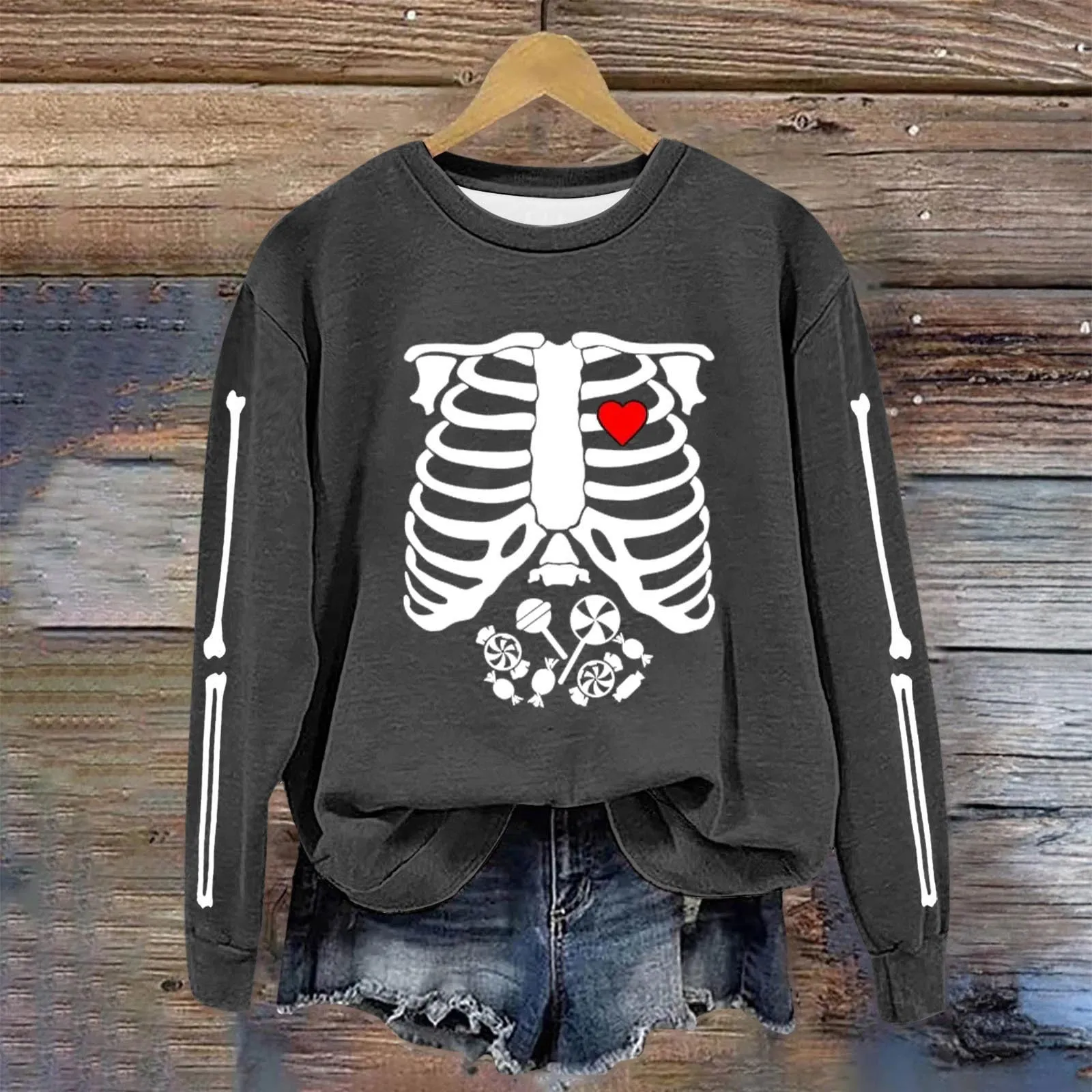 Women's Pullover Round Neck Skeleton Printed Oversized Sweatshirts Gothic Punk Streetwear Dropped Shoulder Halloween Tops