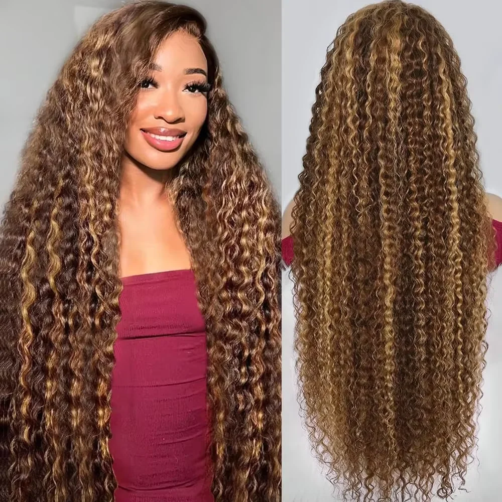 

200 Density Highlight Wig Human Hair Curly Wigs 13x4 HD Lace Frontal Deep Wave Wigs 30 Inch Ombre 4/27 Brazilian Wigs for Women