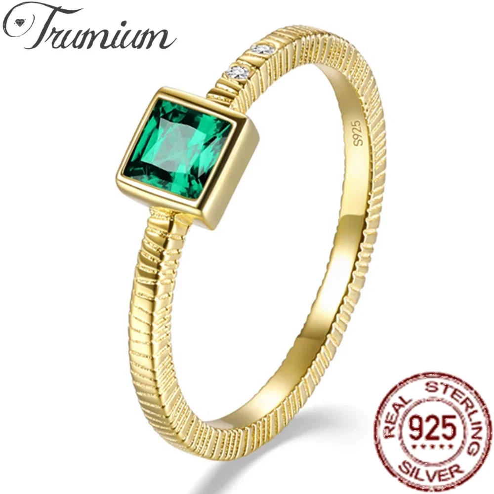 

Trumium 100% Sterling Silver 925 Vintage Square Green Zircon Gold Rings for Women Engagement Wedding Bands anillos