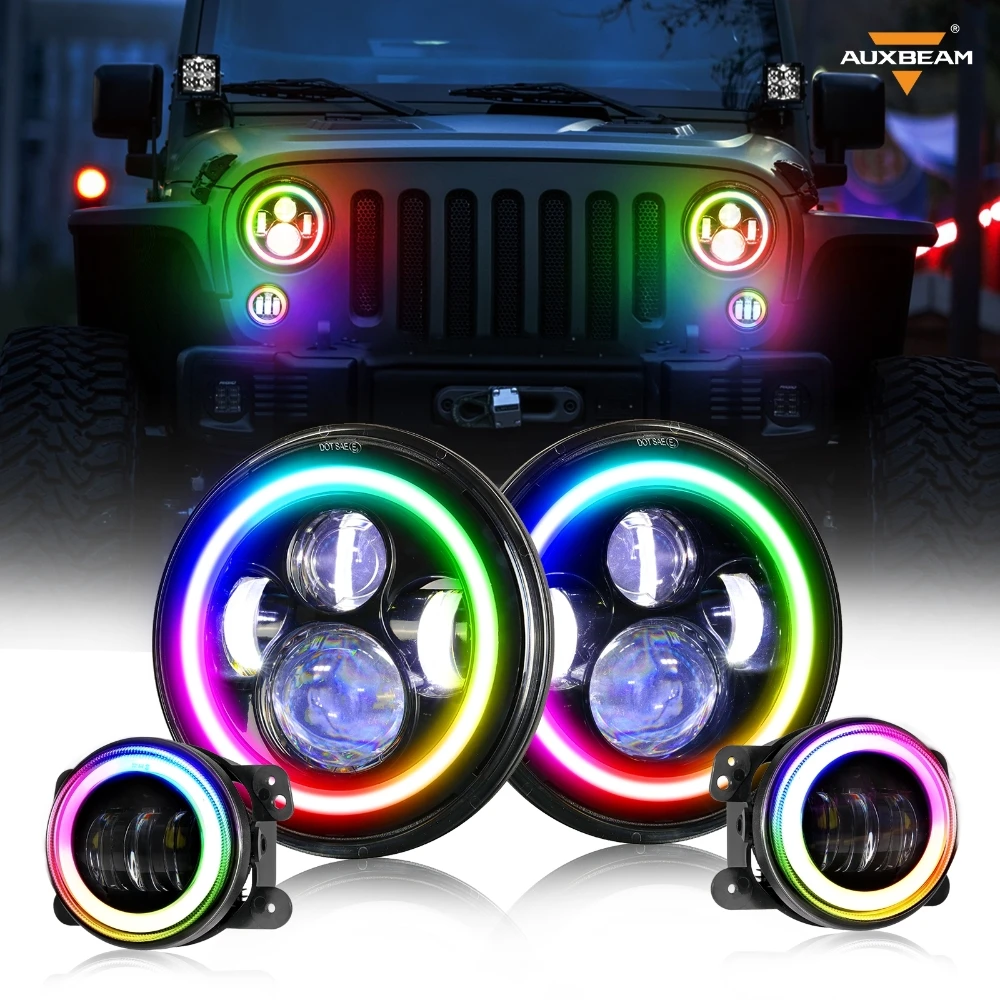 7 inch LED Headlights 4 inch Fog Lights RGB Multi-Colors blueteeth Phone App Control DRL Music Mode for Jeep Wrangler JK TJ LJ