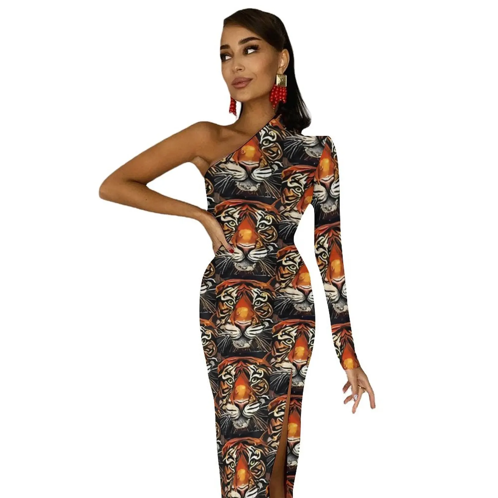 Abstract Tiger Art Print Maxi Dress Long Sleeve  Aesthetic Bodycon Dresses Autumn Cute Dress Ladies Graphic Clothing