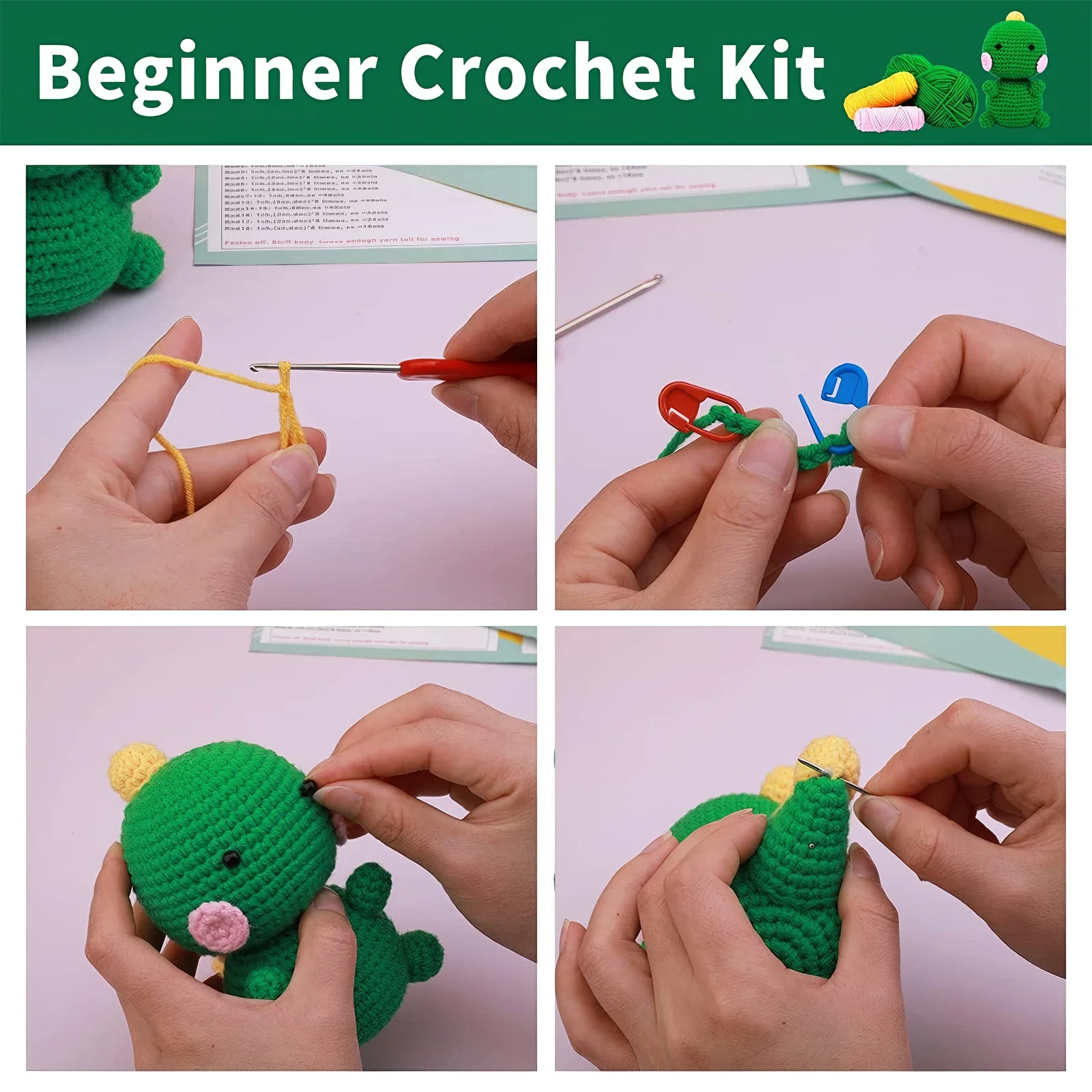 Kit de crochê DIY para iniciantes, dinossauro verde iniciante, boneca animal Craft Making, vídeo tutorial, olhos e enchimento, presentes para meninos