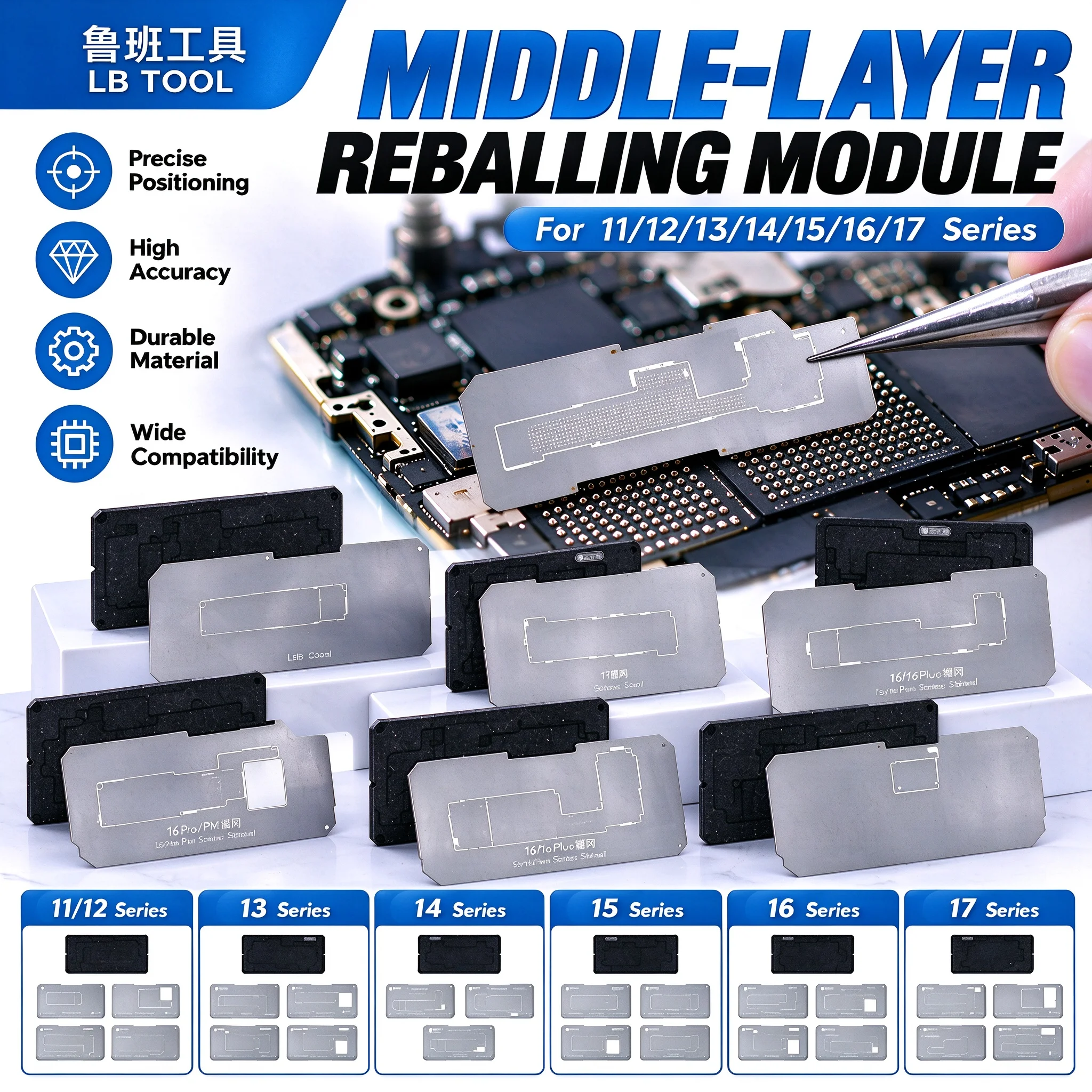 LB TOOL Middle Layer Reballing Module for iPhone 11-17 Pro Max Motherboard BGA Stencil Tin Planting Platform Repair Tool