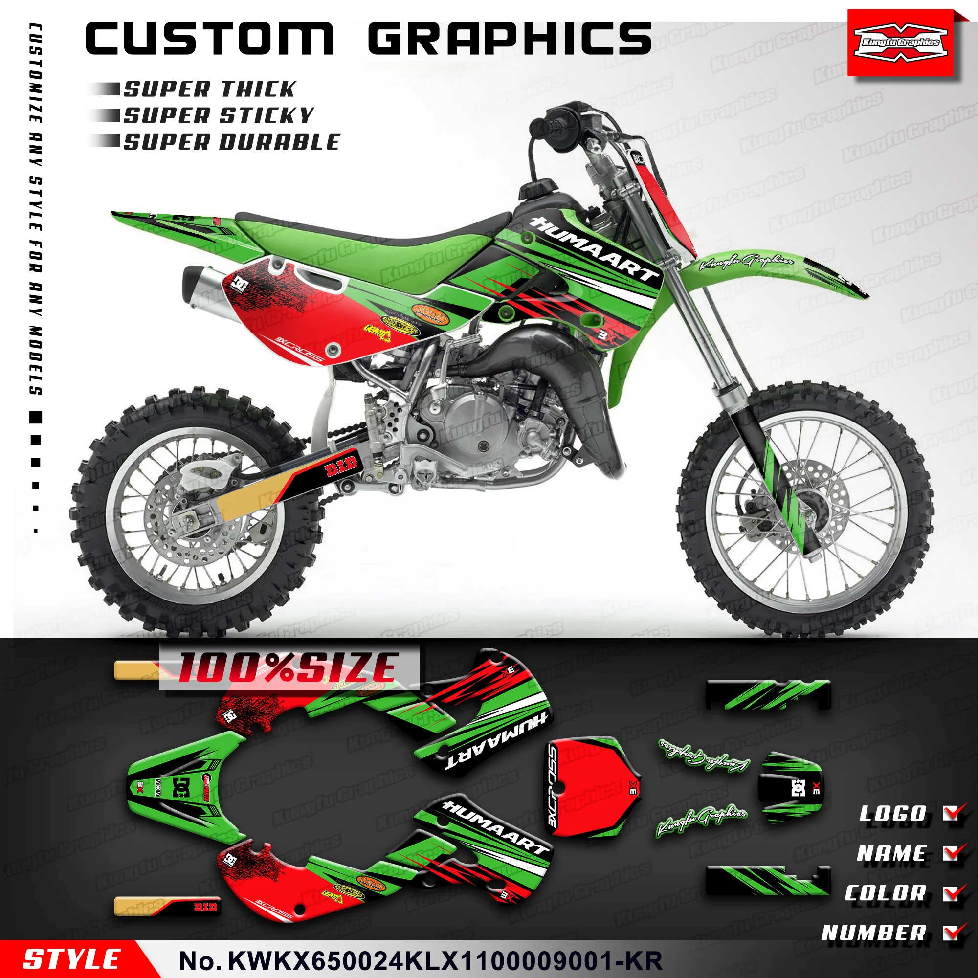 KUNGFU GRAPHICS Sticker Set Motorcycle Graphic for KAWASAKI KX65 2000-2024 & KLX110 2000-2009,KWKX650024KLX1100009001-KR