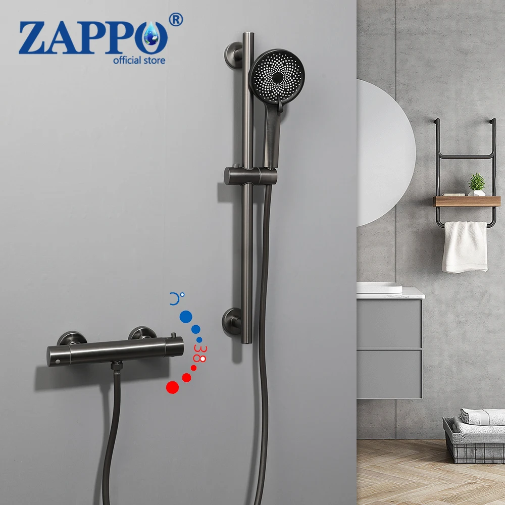 

ZAPPO Thermostatic Shower Valve Trim with Handle Sprayer Exposed Shower Faucet Set Constant Temperature Water Mixer Adjust Bar