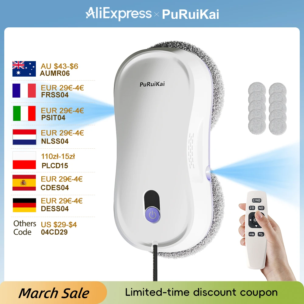 Robot de nettoyage de fenêtres portable PuRuiKai, nettoyage intelligent avec pulvérisateur d'eau à double buse, télécommande