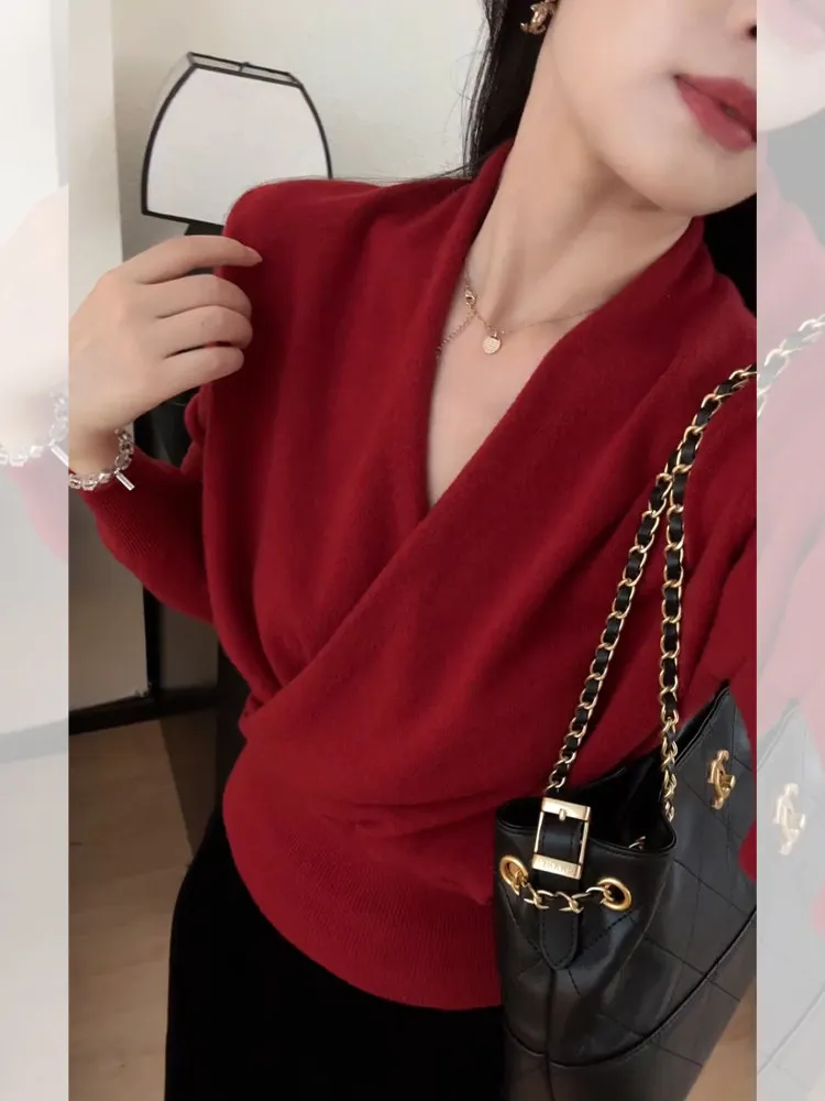 

Красный утепленный вязаный свитер с V-образным вырезом и перекрестным дизайном, женский свободный свитер в стиле оверсайз, верхняя одежда с длинными рукавами для зимы