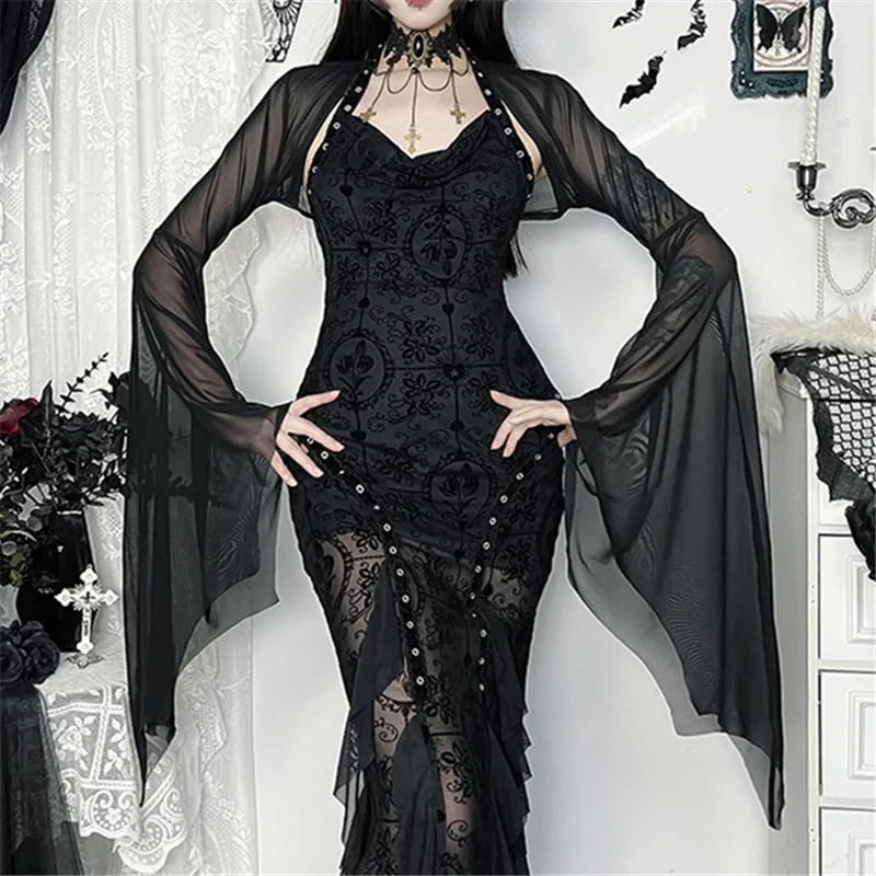 Goth Dark Mall Gothic Mesh See Through Crop Shrug Tops Women Chic Coat Techwear Y2K Grunge Batwing Sleeve Sunscreen Smock Blouse