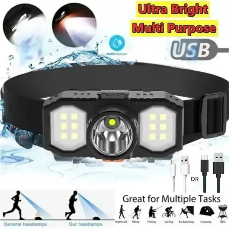 مصباح أمامي قوي COB LED شحن USB كشافات محمولة مقاومة للماء 3 أوضاع إضاءة مصباح أمامي للشعلة الخارجية