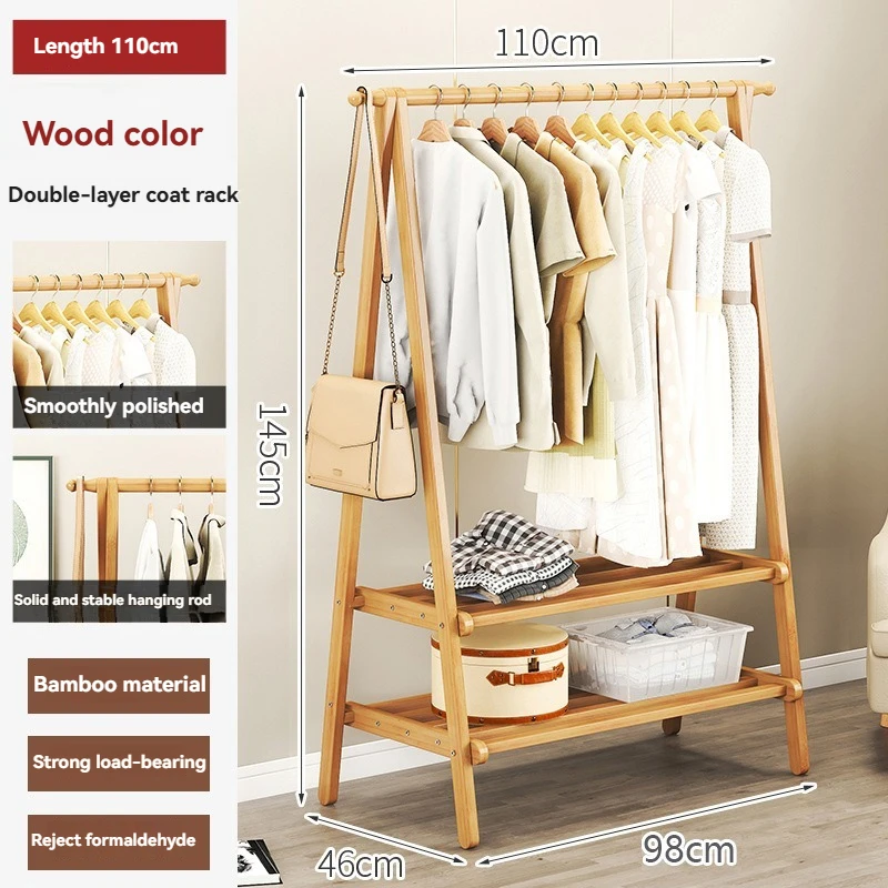 A double-layer coat rack made of bamboo and wood material, storage rack, commercial display rack, living room, shopping mall