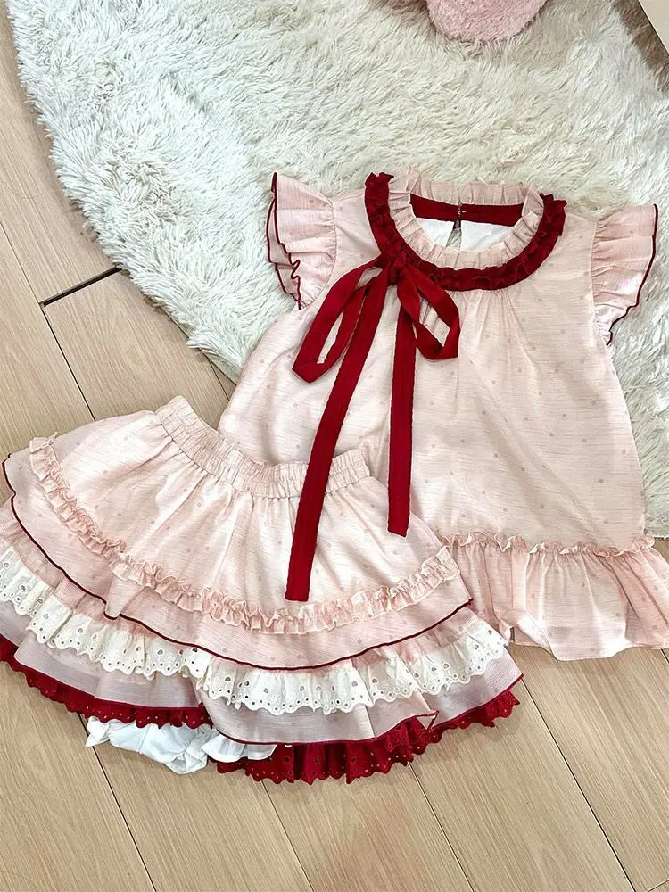 

Japanese Sweet Patchwork Two Piece Set Female Cute College Style Bow Polka Dot Sets Fly Sleeve Top + Lace Mini Skirt Suit 2025