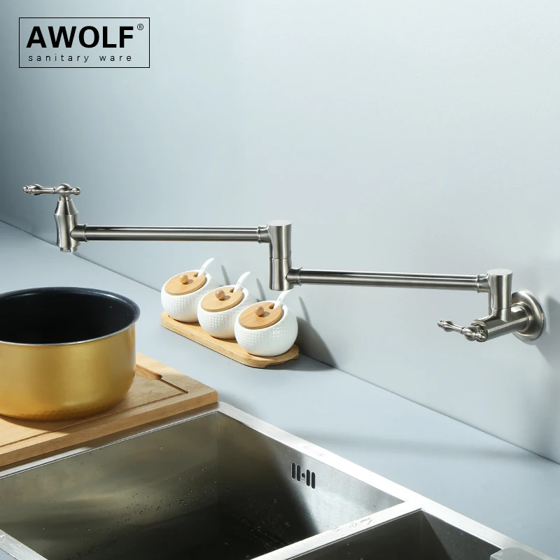 Awolf Kitchen Faucet Brushed Nickel Folding Pot Filler Solid Brass Wall Mounted Tap 360 Degree Rotation Spout Single Hole FW002