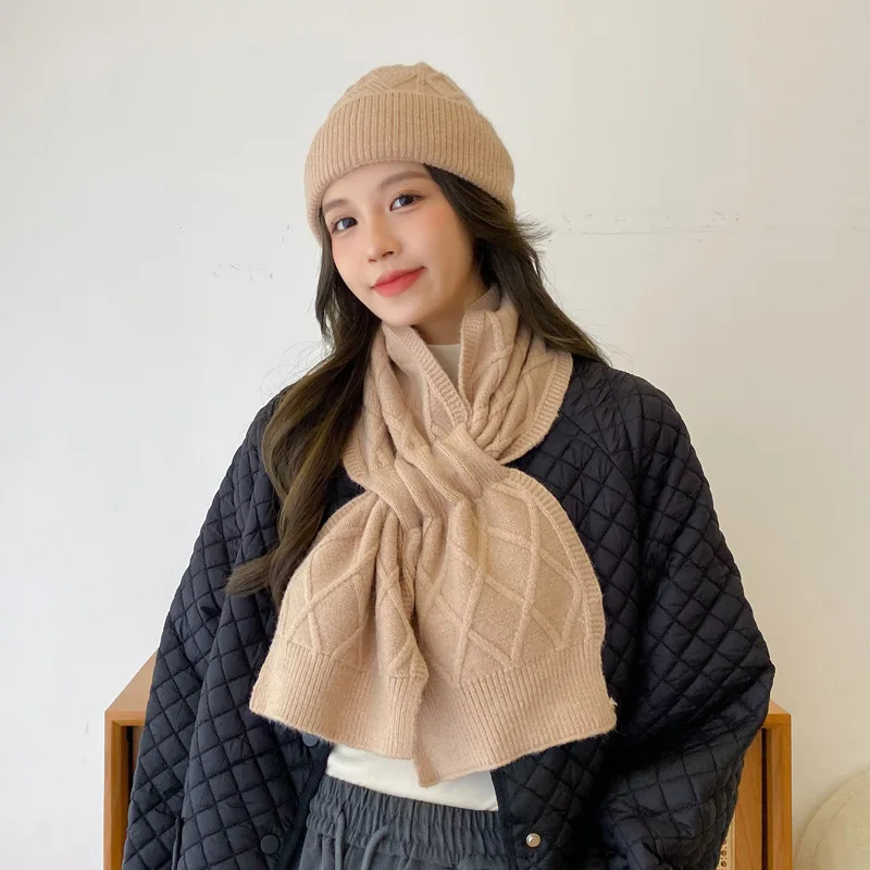 Women Knitting Hat And Scarf Shawl Two-piece Suit Girls Winter Sweet All-match Thick Ear Protection Fashion Knitted Pullover Cap