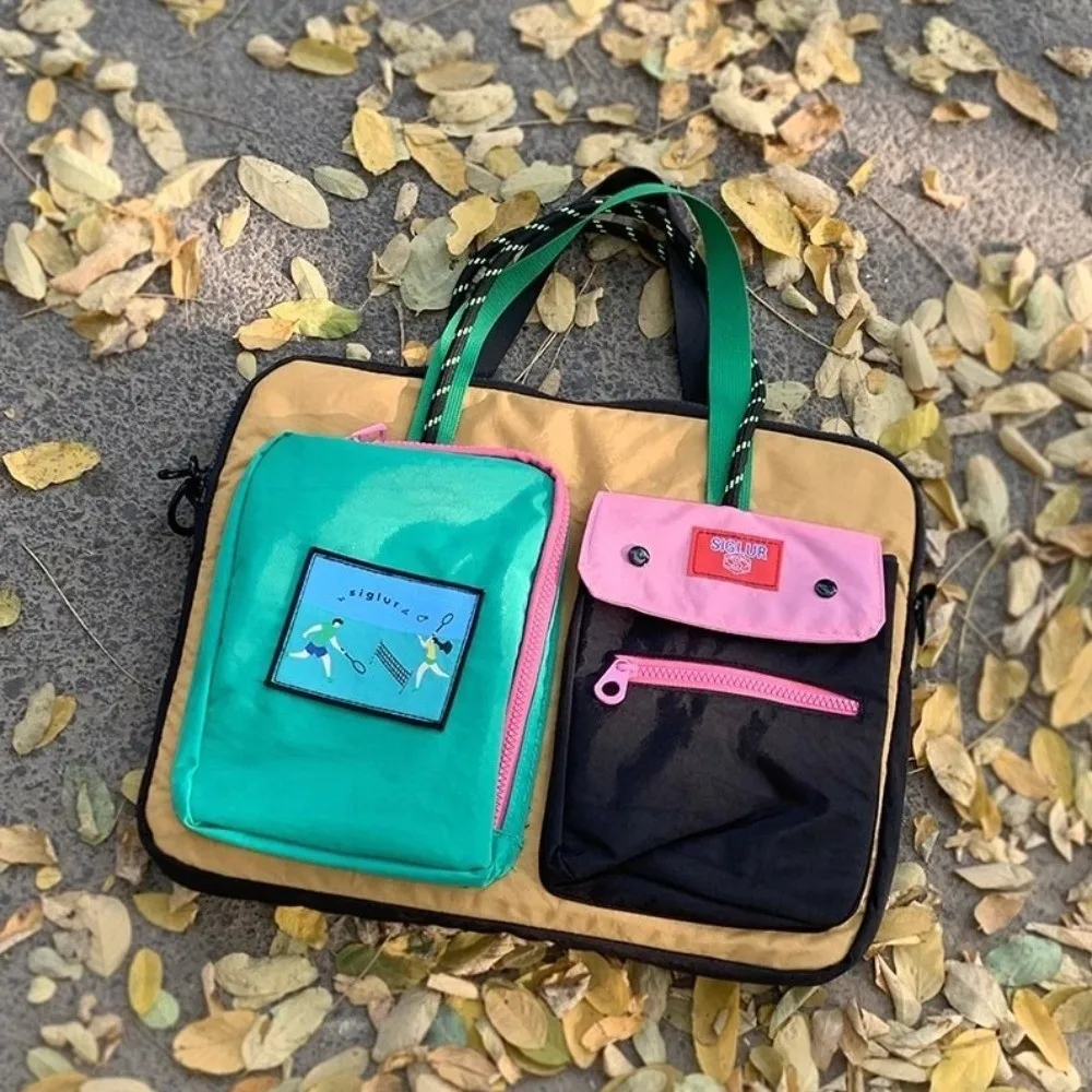 Casual Contrast Color Computer Bag Canvas Multi-pockets Tote Laptop Bag Large Capacity Portable Travel Bag