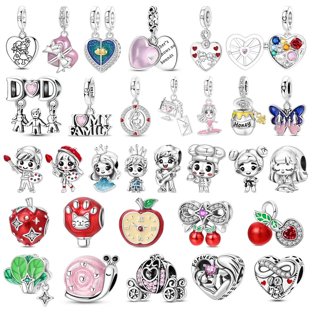 925 Silver Fit Bracelets Bag Keychain Charms Apple Cherry Honey Pot Artist Princess Chef Beads Heart Pendant DIY Jewelry Making
