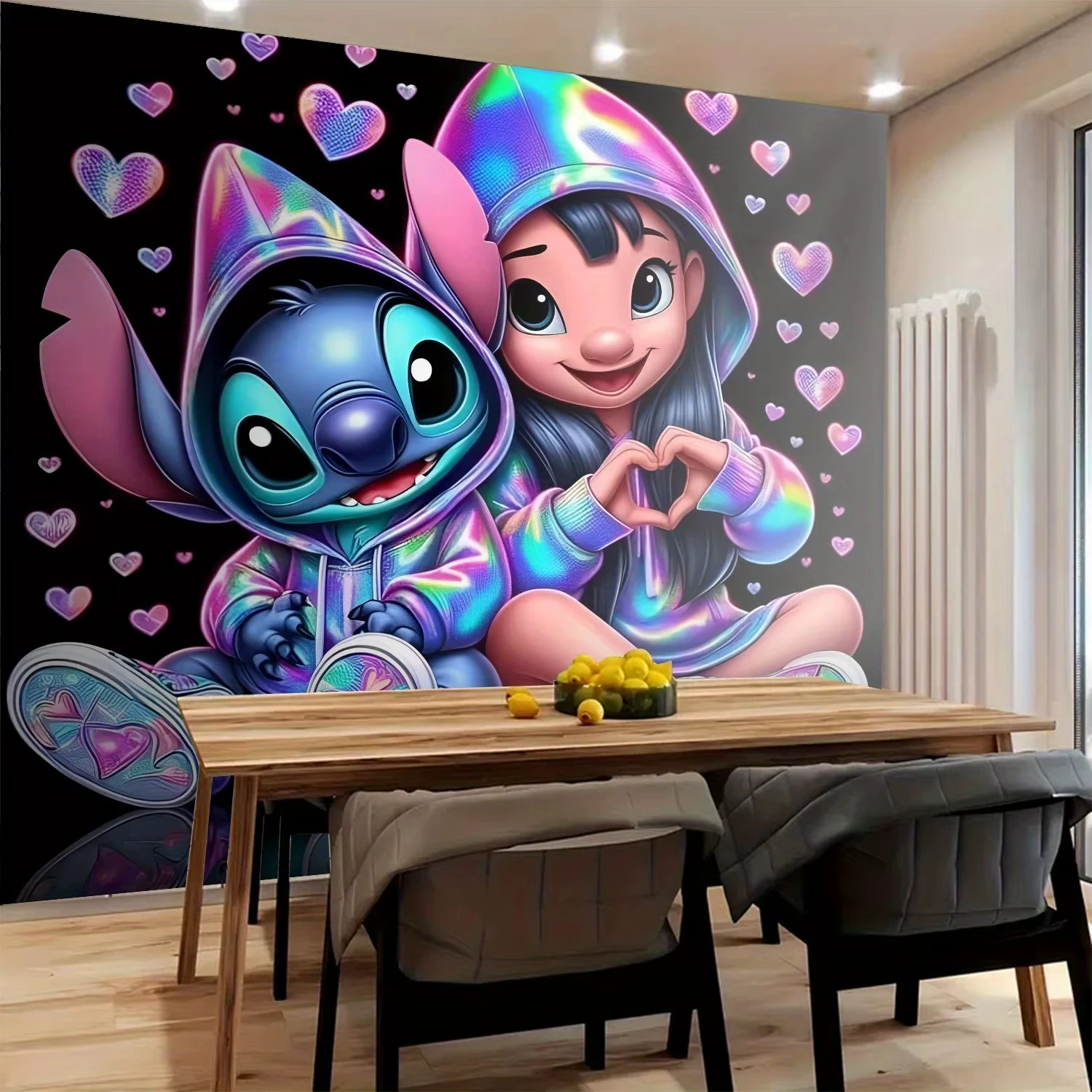    ديزني ستيتش آند جيرل مع نسيج حائط ثلاثي الأبعاد على شكل قلب لديكور مريح وغرفة ديكور خلفية من القماش