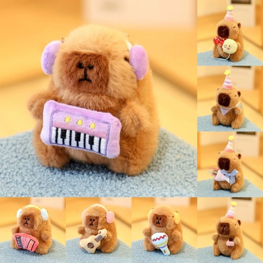 Capivara macio brinquedo de pelúcia boneca com instrumentos tamanho pequeno chaveiro de pelúcia tema festa animais bonitos saco pingente presente das crianças