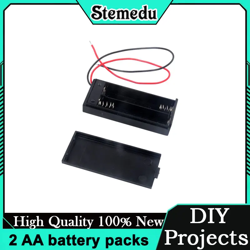 2xAA Battery Box with Cover Switch Series Connection 15cm Red/Black Wires For DIY Electronics Projects