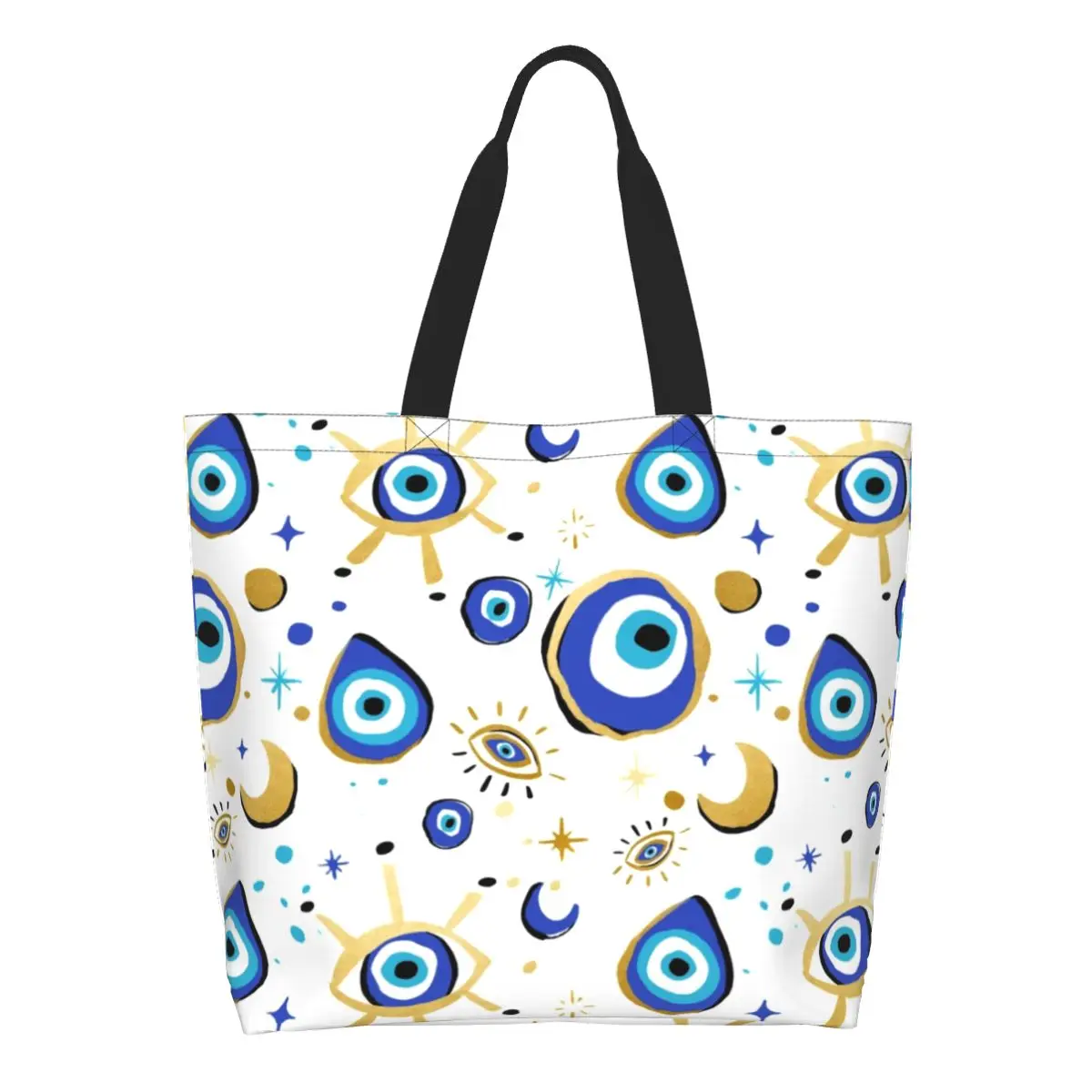 Custom Mediterranean Blue And Gold Evil Eye Shopping Canvas Bags Large Capacity Grocery Hamsa Nazar Boho Tote Shopper Bags