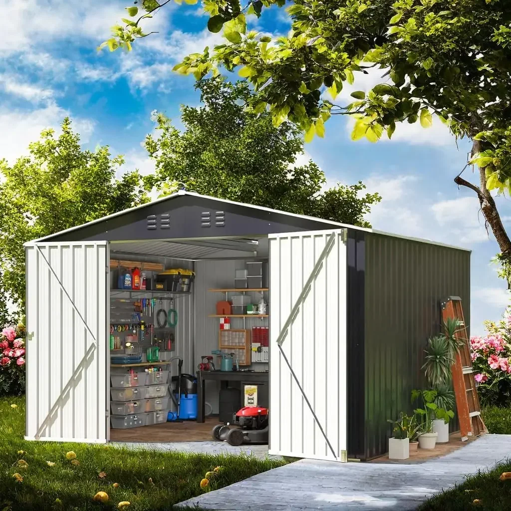 Metal Garden Shed with Floor, Outdoor Shed with Lockable Door & Shutter Vents, Storage Sheds for Backyard, Lawn, Patio