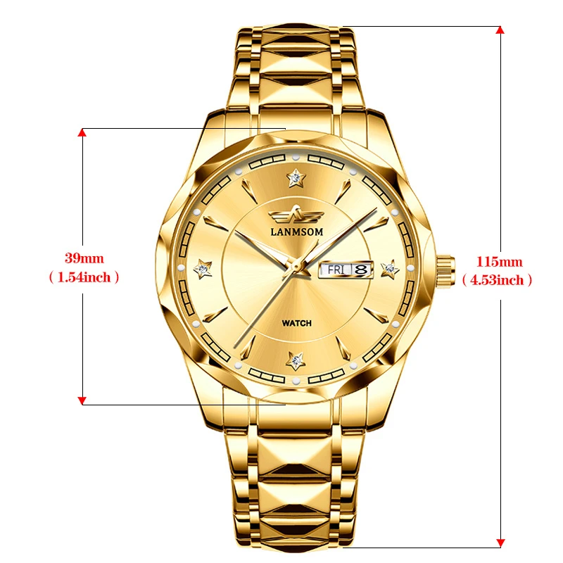 LANMSOM classic watches fashion trend men's waterproof tungsten steel watch double calendar luminous quartz men's watches