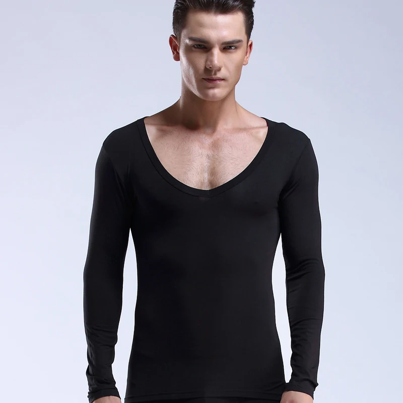 

Men's low-neck, large-neck, V-neck Modail thermal long-sleeved shirt, single base layer, cotton sweater