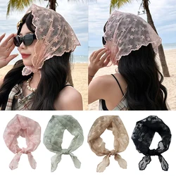 Lace Mesh Headscarf Girls Triangle Scarf Spring Sweet Hair Tie Woman Flower Neck Scarf Vintage Sunscreen Picnic Headscarf