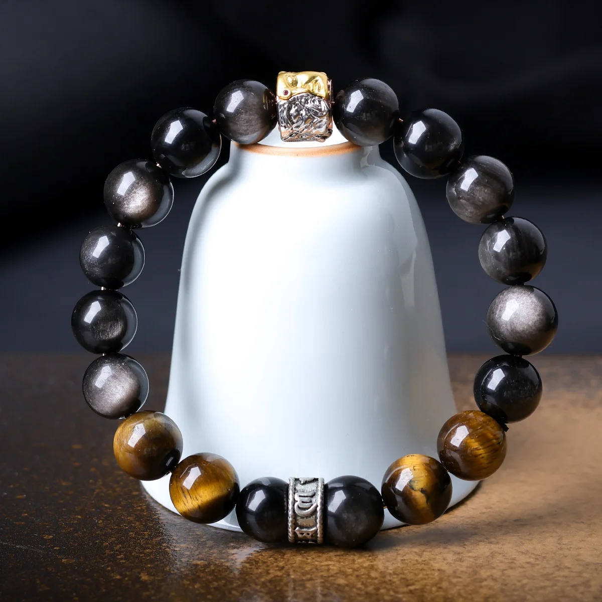 

New 2026 Silver Sheen Obsidian Bracelet with Tiger Eye Stone Original One Thought Beaded Bracelet Gifts