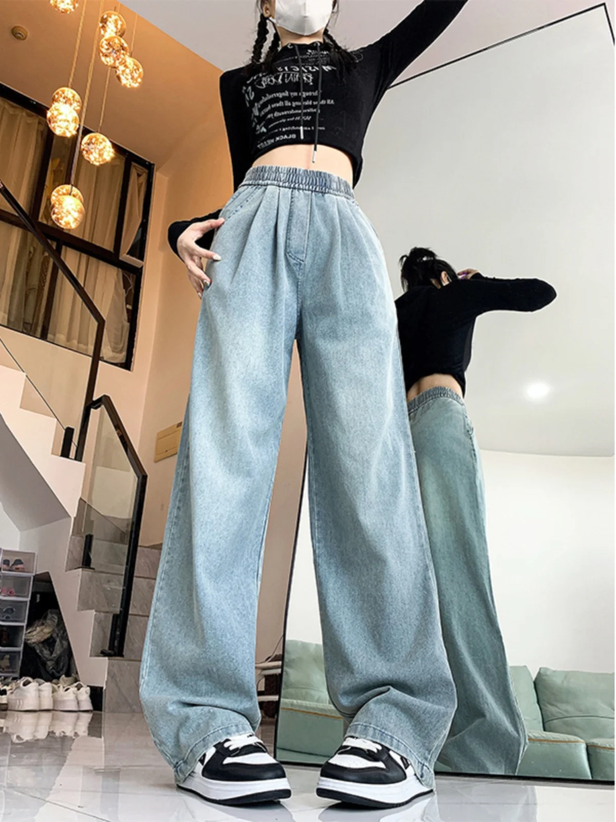 Dżinsy damskie z wysokim stanem, elastyczne, letnie, cienkie, luźne, wyszczuplające, z szerokimi nogawkami, wygodne, niebieskie dżinsy z wysokim stanem.