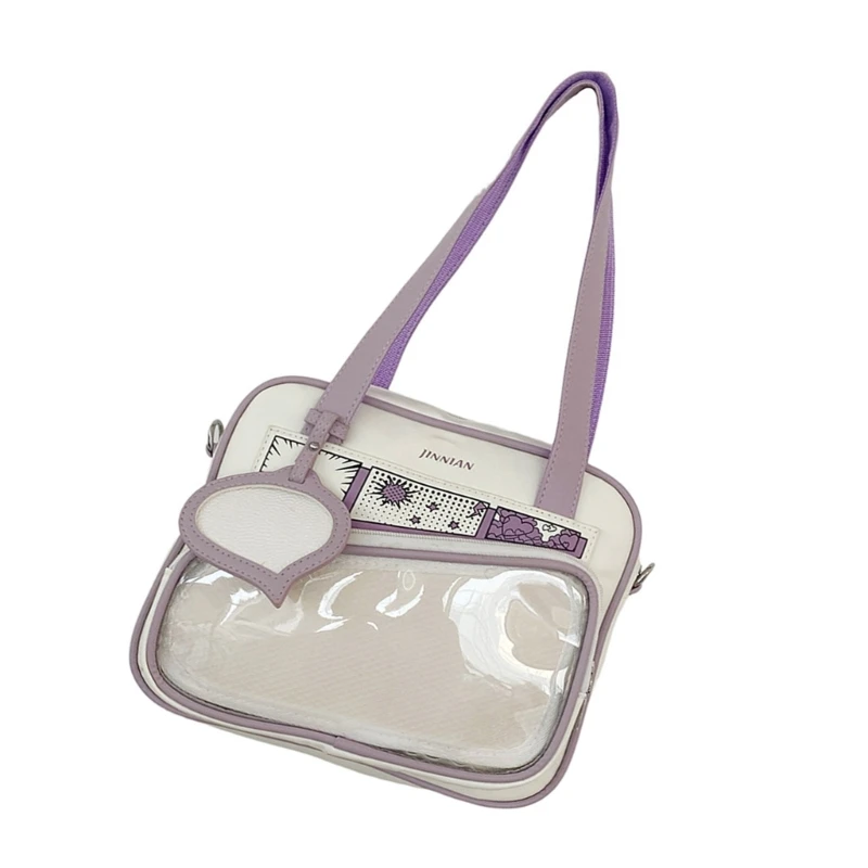 E74B School Girl Cute Transparent Bag Clear Crossbody Bag PU Leather Itabag Anime Pin Display Colorblock Handbag Book Bag