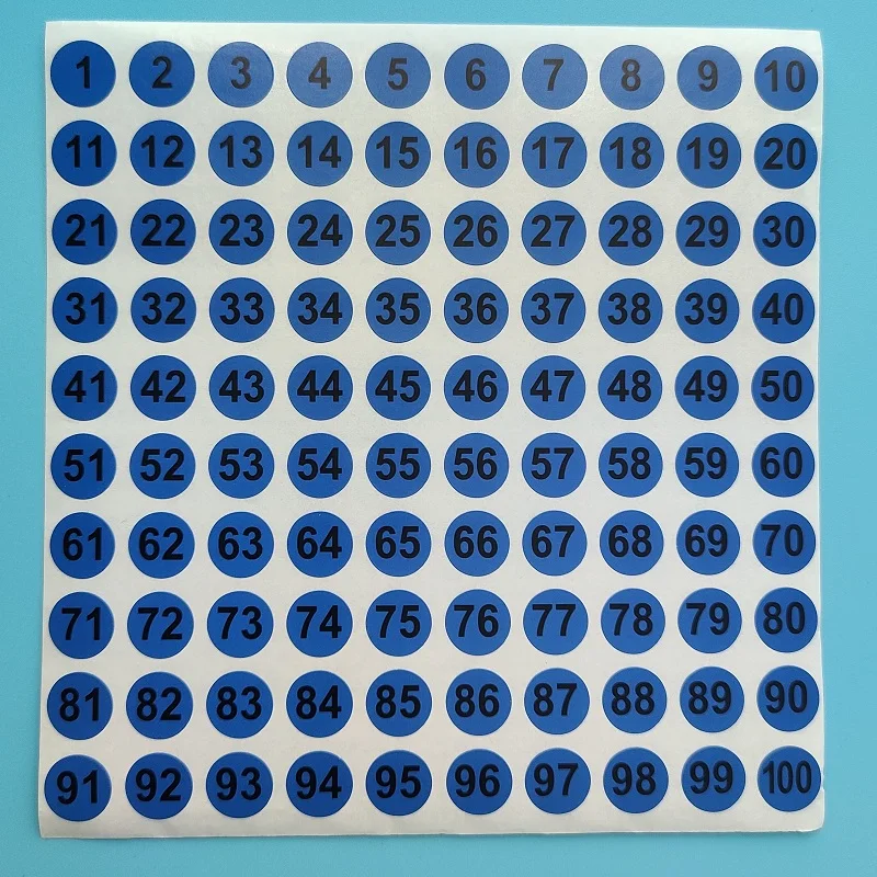 10 Vellen 1Cm Blauwe Ronde Papieren Cijfersticker 1-100 Seriële Opeenvolgende Nummeretiketten Zelfklevende Sticker