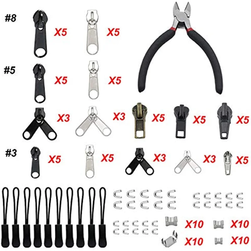 143pcs Zipper Sliders Repair Kit Replacement Tent Zipper Head Luggage Zipper Puller Slide with Plier for DIY Sewing Tools