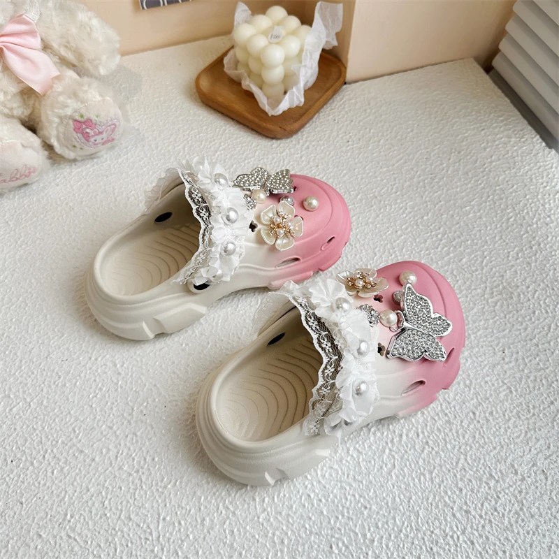 Cartoon Butterfly Pearl Multiple Flower Clogs Boys Girls, Parent-Child Outdoor Slippers, Non-Slip Height-Increasing Closed-Toe