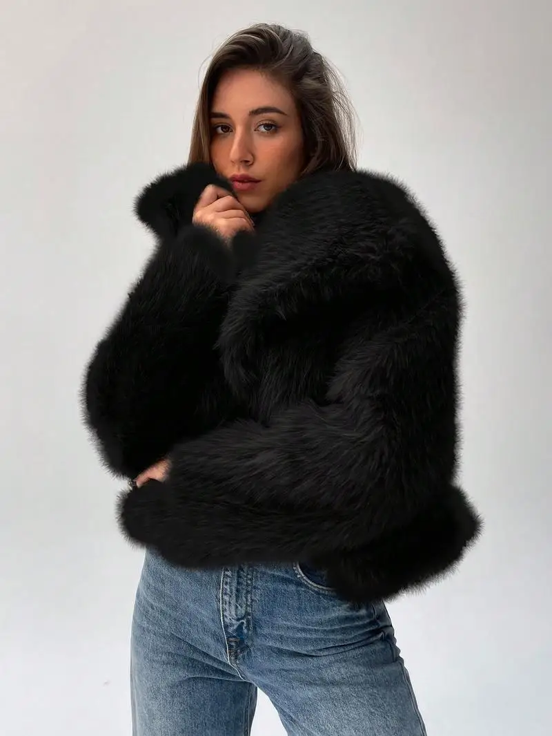 Faux Fur Coat Women Short Jacket Solid Turn Down Collar Long Sleeves Open Stitch Loose Fit Thick Office Lady Casual 2025 Winter