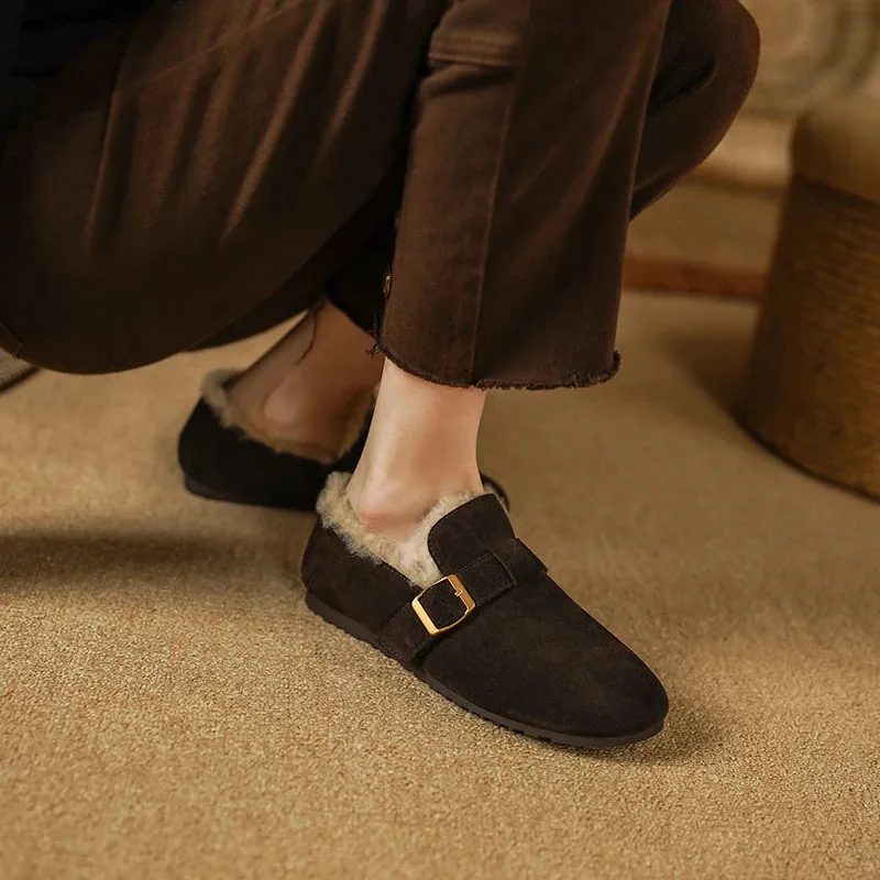 

2026 New Women Autumn Winter Natural Cow Suede Wool Women Flats Fashion Ladies Chocolate Brown Round Toe Buckle Flat Shoes