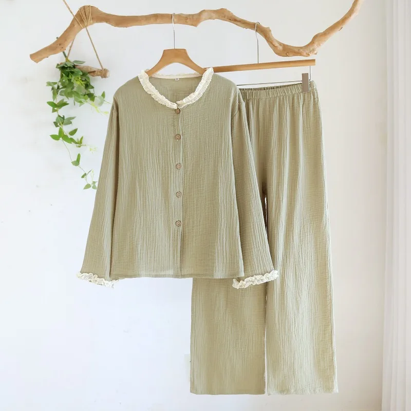 2026 New Spring And Autumn Pajama Set 100% Cotton Crepe Large Long Sleeve Long Pants Thin Loose Home Clothes Two Piece Set