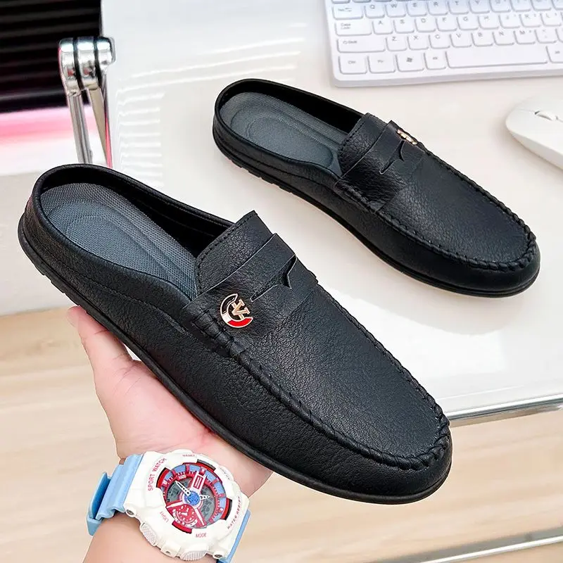 Half Men\'s Shoe Leather Male Slipper Slides Outdoor Mules Flat 2024 Fashion Adult Elegant Fun Mascullino Style Casual Trend Eva