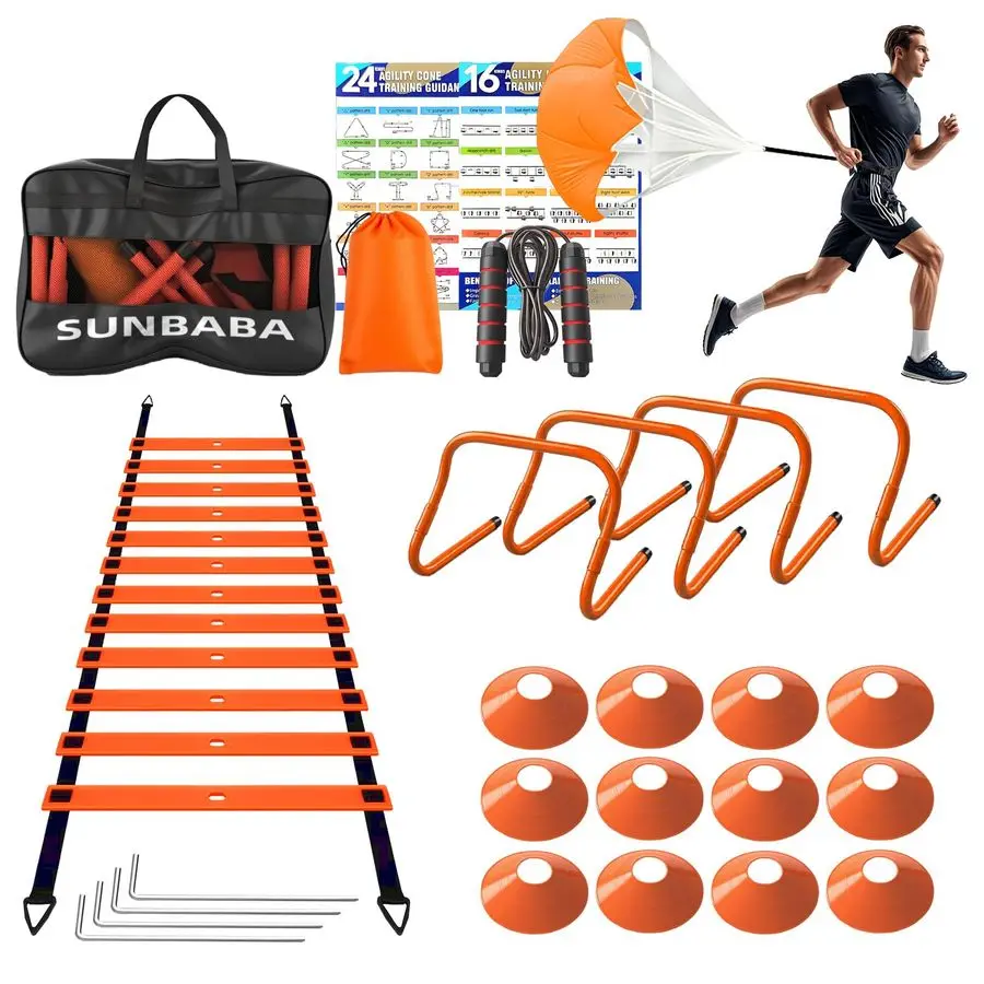 

Ladder Speed Training Equipment Set with 20ft Agility Ladder,4 Hurdles,12 Cones,Jump Rope,Running ParachuteIdeal Training Equipm