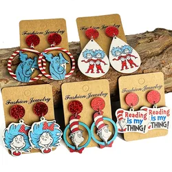 New Teacher's Day Reading Earrings with Wooden Printed Sparkling Pink Earring Reading Fun School Student Earring Gift Decoration