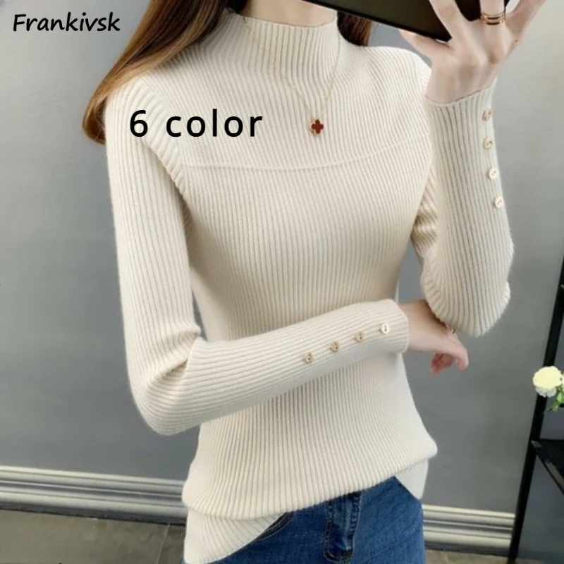 Slim Sweaters Women Stand Solid 6 Color Office Lady All-match Knitwear Korean Style Streetwear Elegant Popular Stretchy Simple