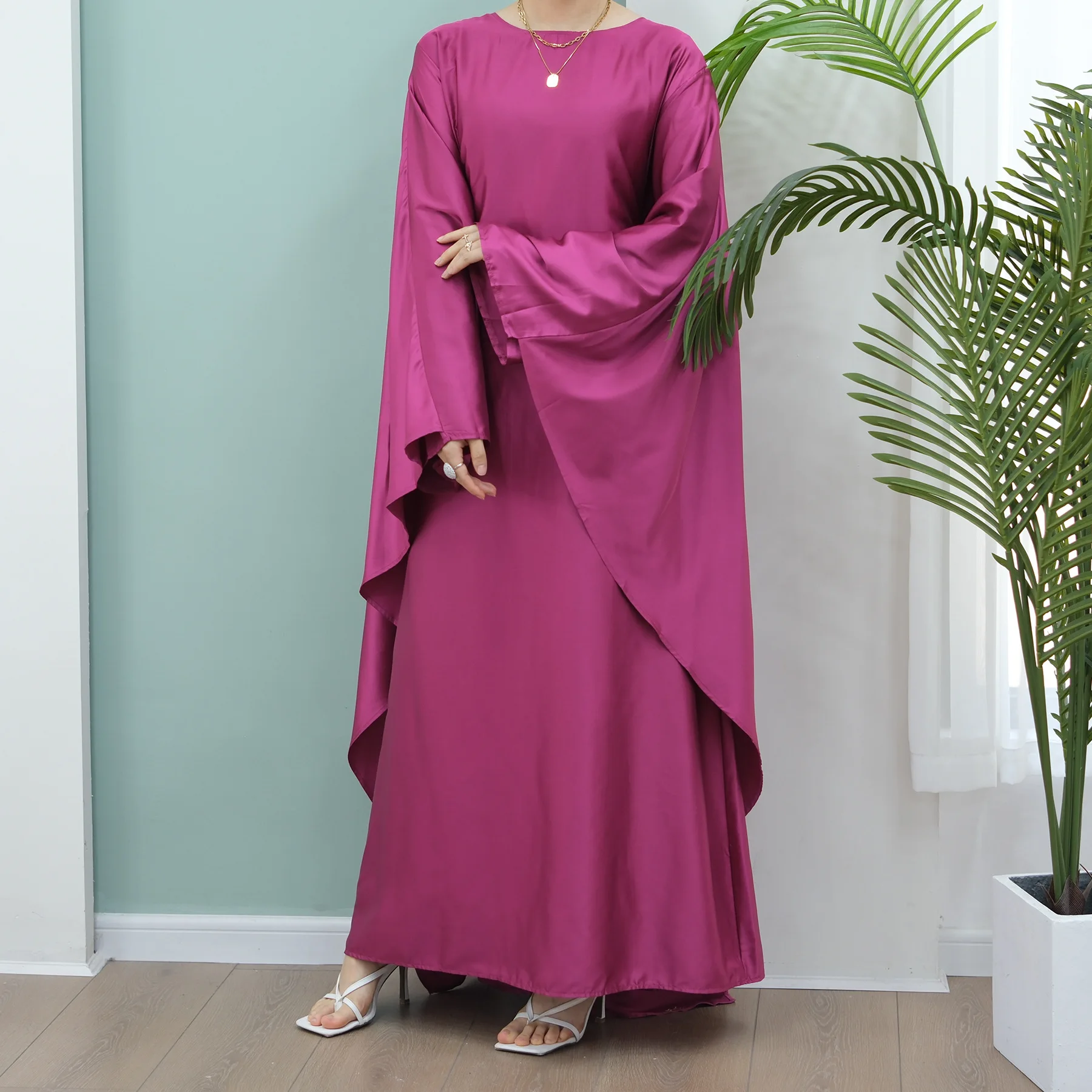 

Ramadan Eid Summer Satin Batwing Abaya Dubai Women Islam Muslim Maxi Kaftan Dresses Kebaya Caftan Marocain Robe Femme Musulmane