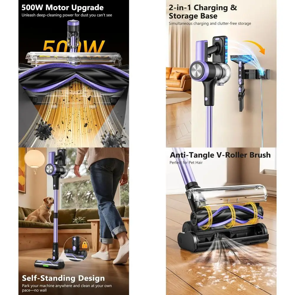 

46kPa 500W Cordless Stick Vacuum Cleaner, 55 Mins Run Time, Self-Standing with LED Display, Anti-Tangle Brush for Hardwood Floor
