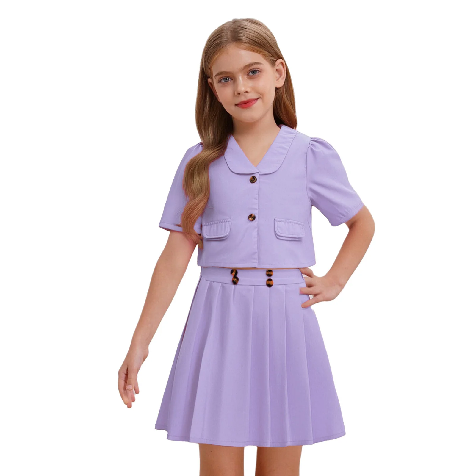 

3Pcs Kids Girls Uniform Outfit Turn-Down Collar Short Sleeve Blazer Jacket+Camisole+Pleated Skirt for Wedding Party Pageant