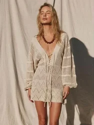 Sexy See-Through Deep V-Neck Hollow-Out Lantern Sleeve Knit Mini Dress Solid Beach Knitwear 2025 For Woman Winter Dresse K14