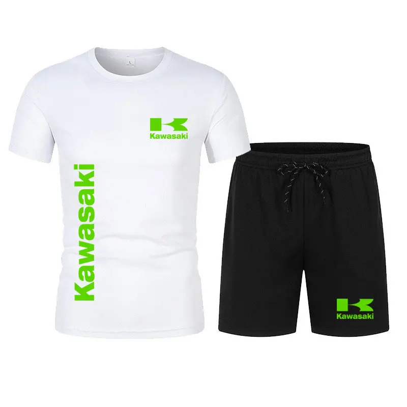 Kawasaki Motorcycle Racing Team Men T-shirt Shorts Set Summer 2024 New Casual Male Tops Bottoms Sets Sport Men\'s Clothes Suits