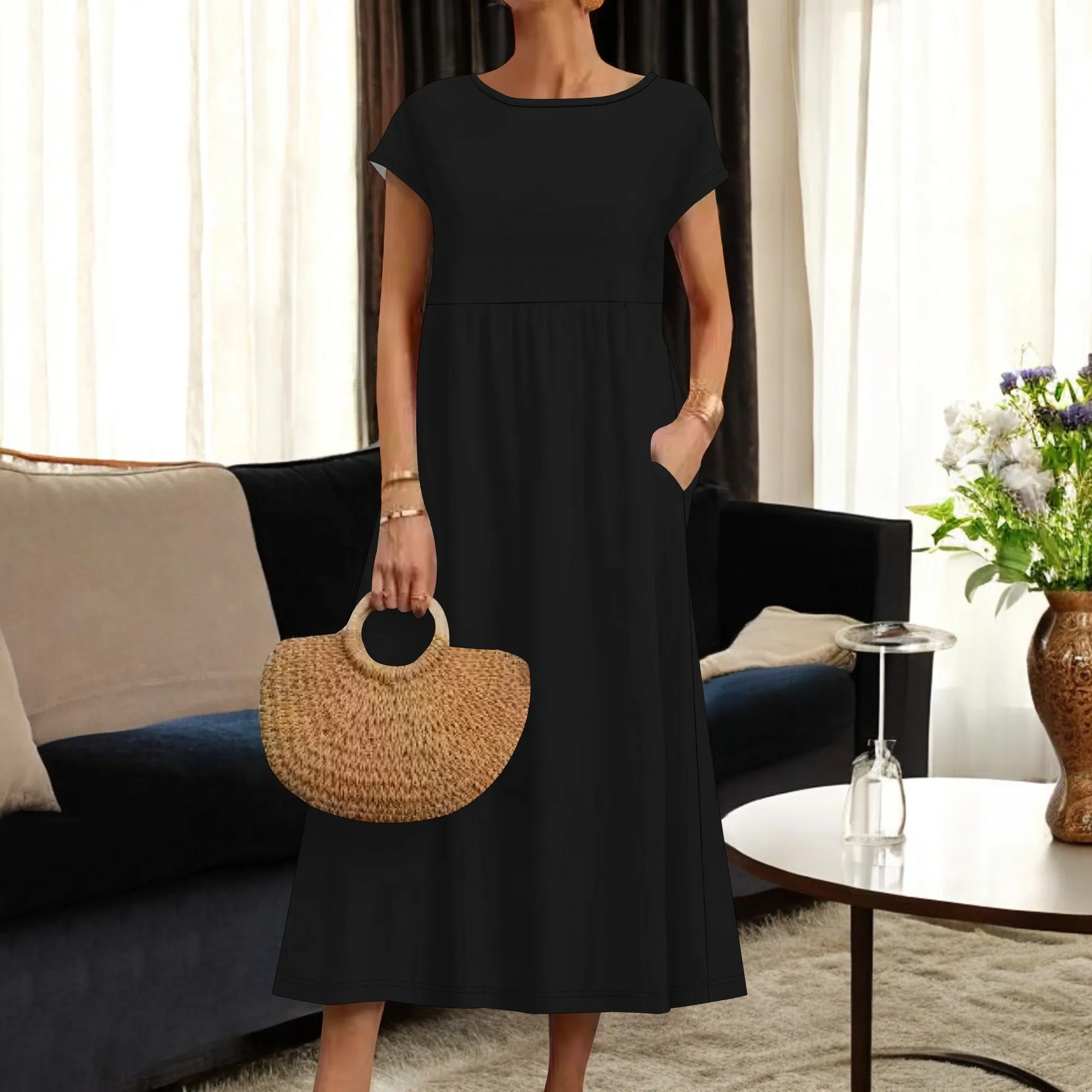 

Cotton Dresses for Women 2025 Women's Summer Short Sleeve Midi Dress Casual Loose Beach Dress with Pockets