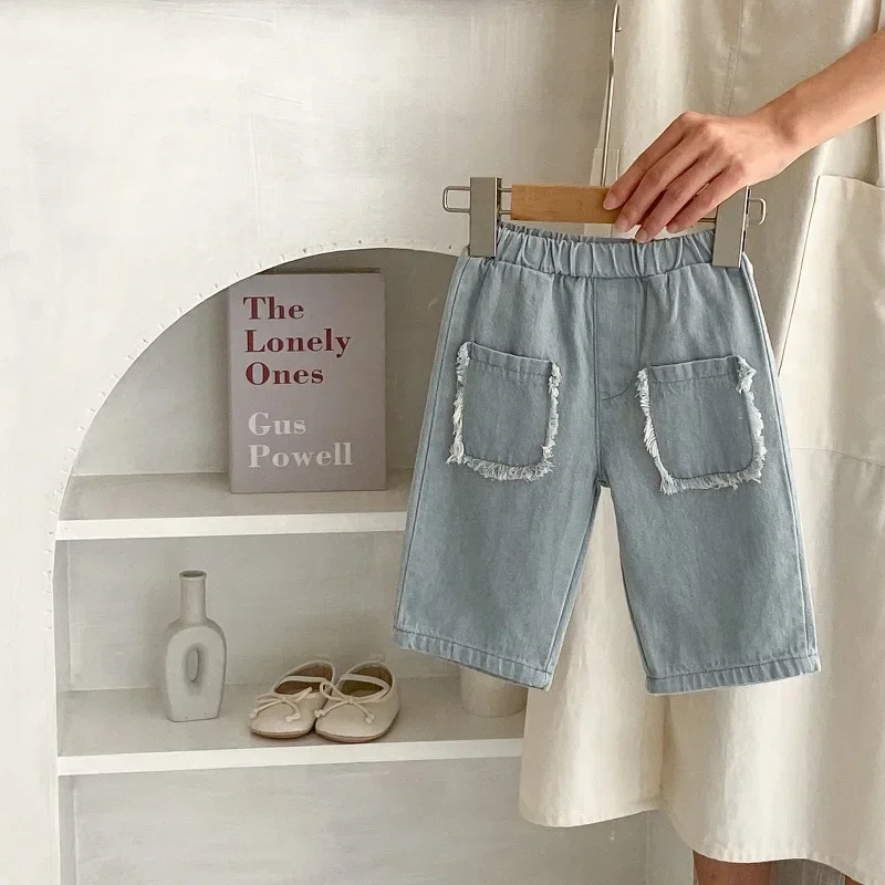 Baby Denim Pant 0-3Years Newborn Boy Girl Solid Color Elastic Waist Pocket Soft Jeans Cropped Trouser Bottom Spring Clothes