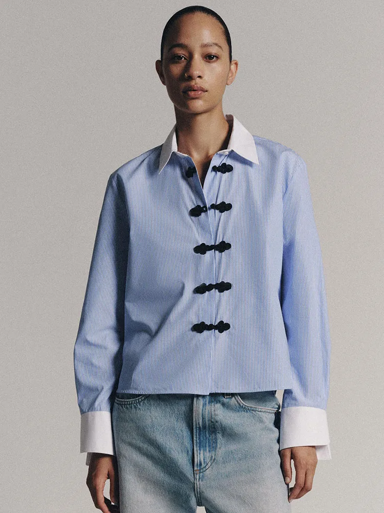 Autumn New Arrival Women's Versatile Long Sleeve  Collar Striped Rope Buckle Shirt Top Loose Fit Regular Length