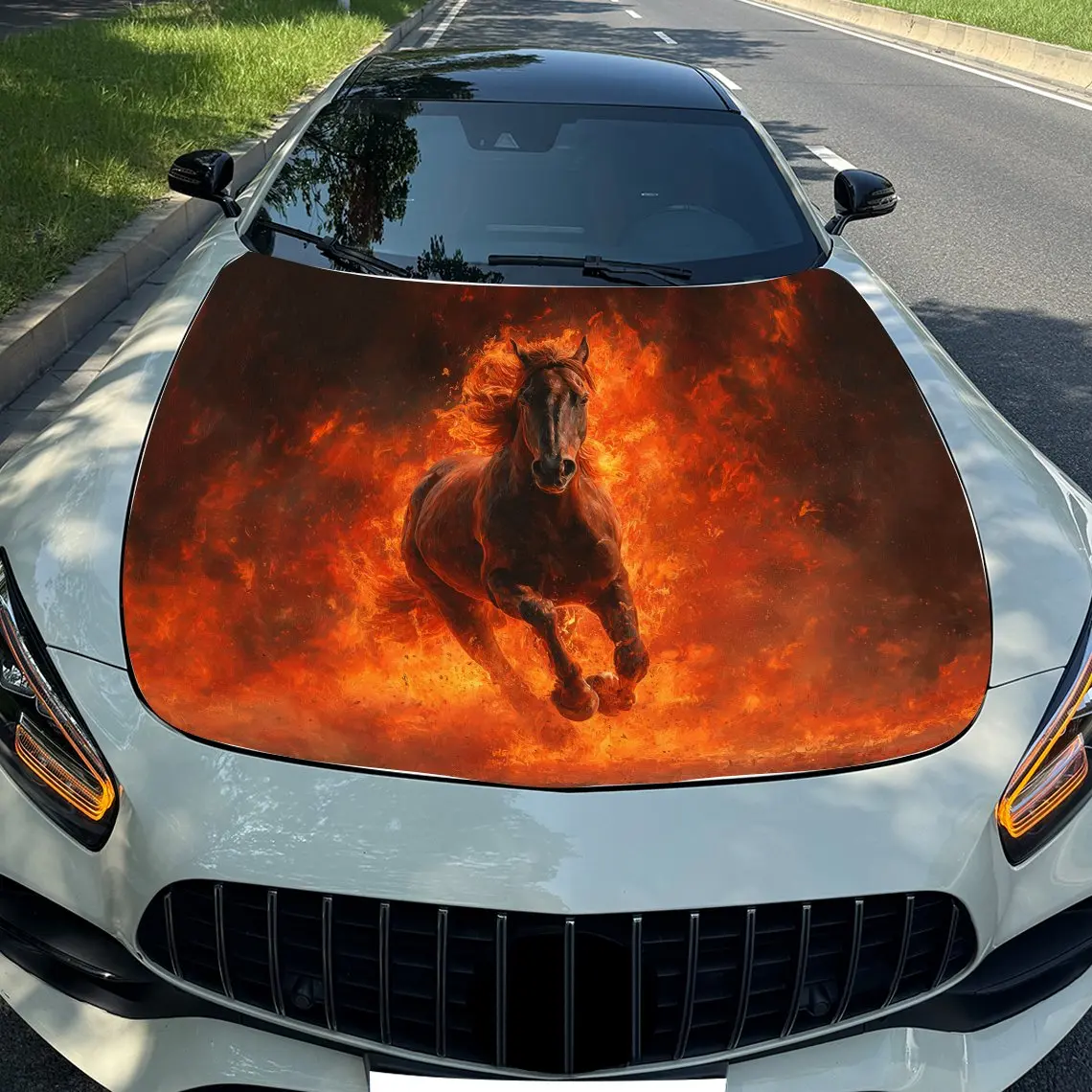 

Flame Horse Car Hood Sticker PVC Self Waterproof Stick, Striking Auto Exterior Accessories Decor Protect Gift for Car Lover