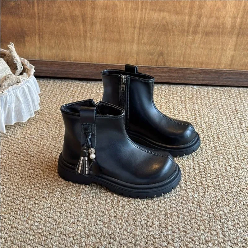 Little Girls Side Beaded Fringe Leather Boots 2026 New Winter Kids Thermal Ankle Boots Non-slip Simple Princess School Party